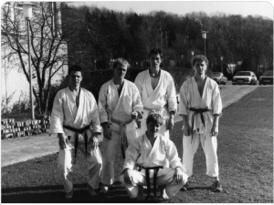 Zanshin Göttingen Kumite Mannschaft 1986 (vor dem IFS). Manfred Dittert, Rüdiger Günther, Dieter Steinegg, Marko Hartwig und vorn Volker Kranz